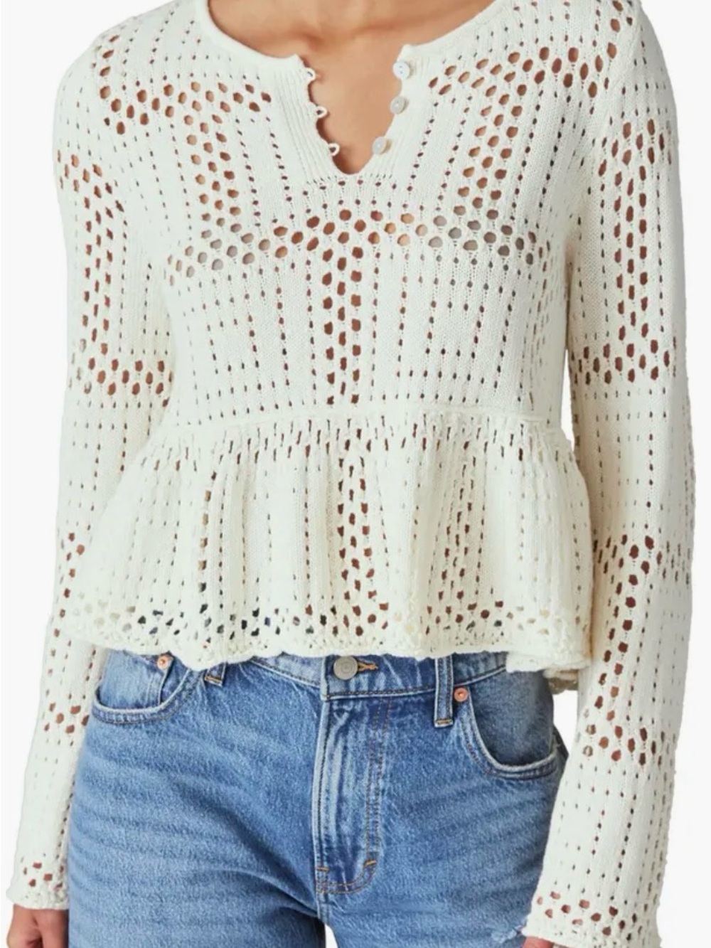 Lucky Brand Cream Open Stitch Peplum Sweater, Sz XXL